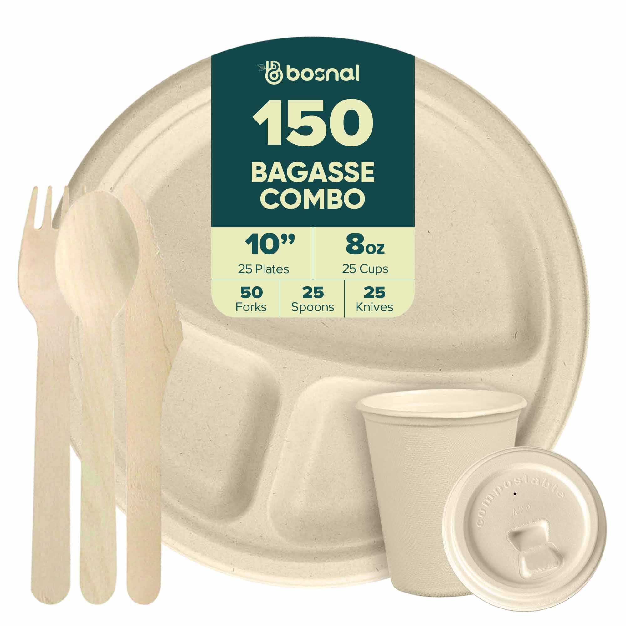 BOSNAL 3 Compartment Round Plate & 8 oz Cups & Cutlery – 100% Plant-Based Sugarcane Bagasse, Eco-Friendly Disposable Dinnerware for Hot & Cold Meals, Microwave Safe, Compostable, Durable & Sustainable
