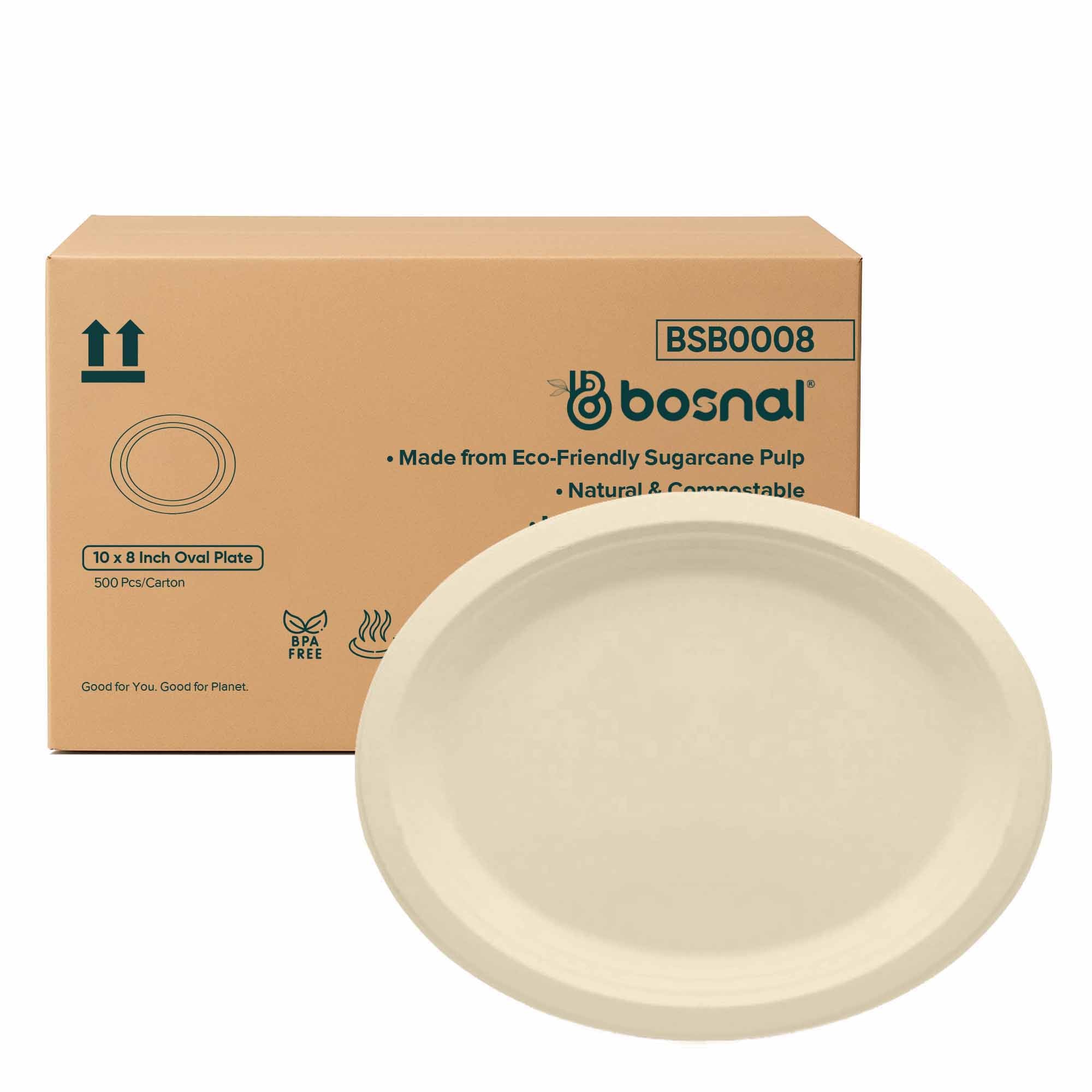 Bosnal 10 inch Bagasse Oval Plates, Case of 20 (500 Pcs) – Eco-Friendly Wholesale Pack