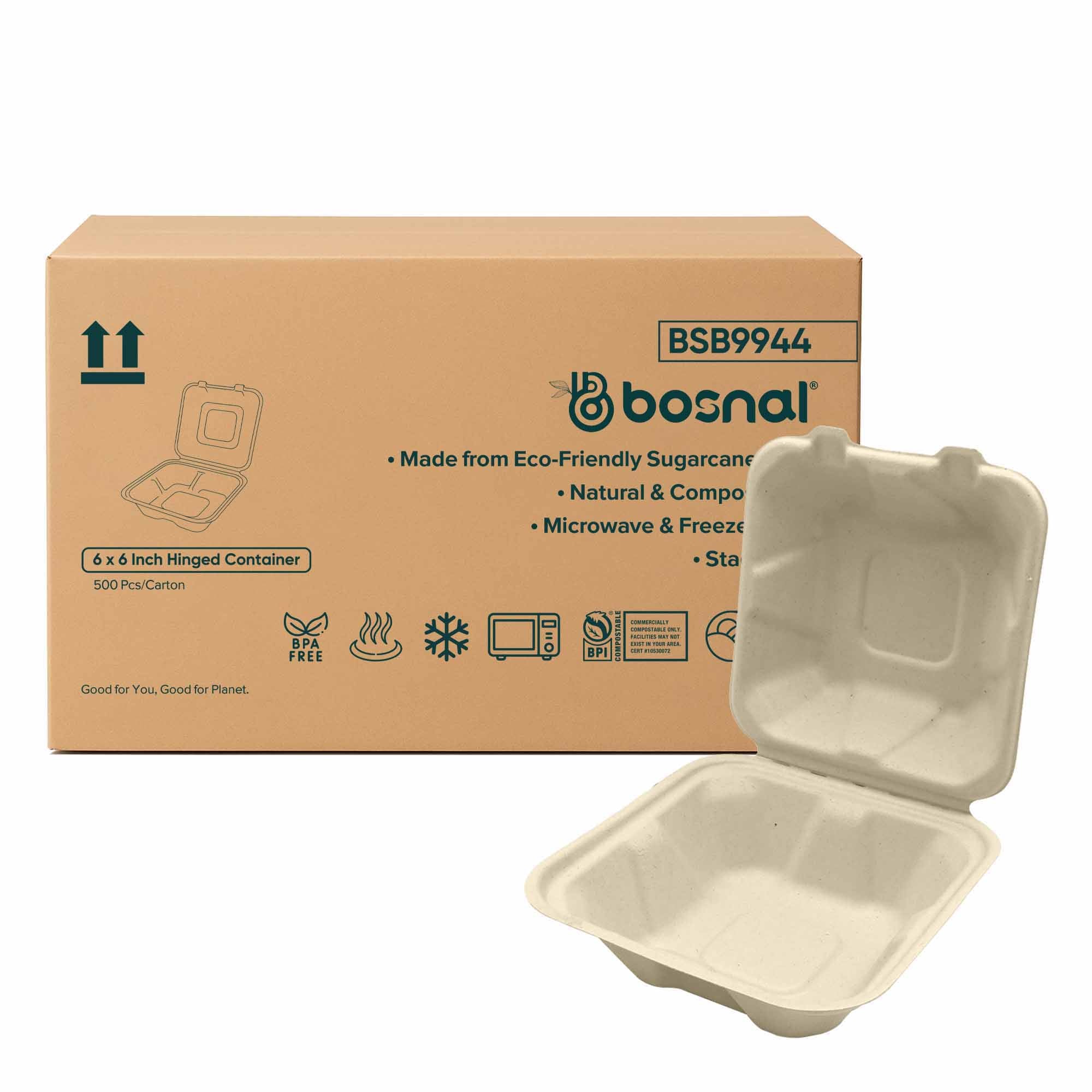 Bosnal 6 Inch Compostable Square Clamshell Containers, Case of 20 (500 Pcs) – Eco-Friendly Wholesale Pack