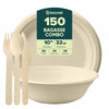 BOSNAL 10 Inch Round Plates with 32 oz Bowls & Cutlery – 25 Plates, 25 Bowls, 25 Spoons, 25 Knives & 50 Forks, 100% Plant-Based Sugarcane Bagasse, Eco-Friendly, Compostable, Microwave Safe & Durable