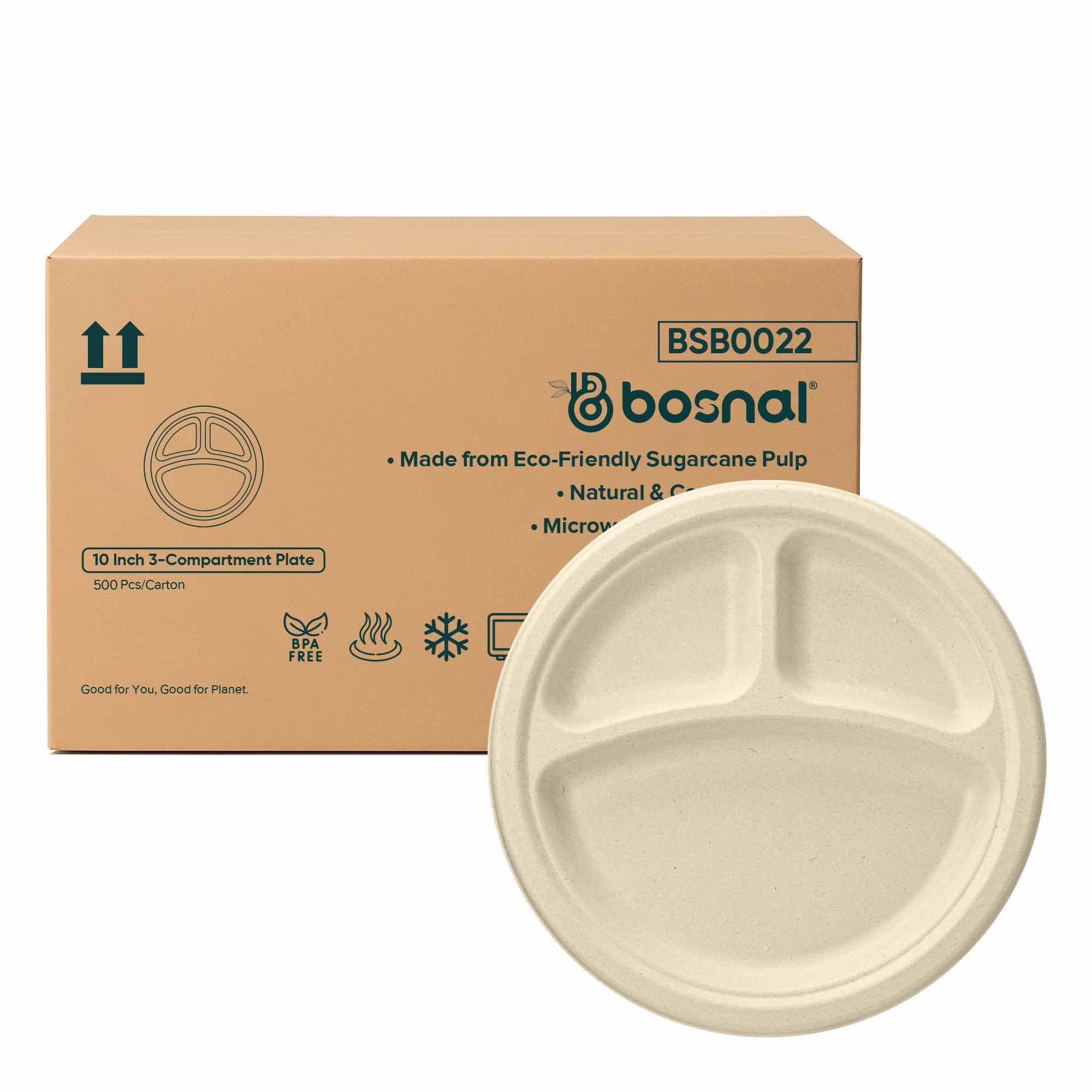 Bosnal 10 inch Round 3-Compartment Bagasse Plates, Case of 20 (500 Pcs) – Eco-Friendly Wholesale Pack
