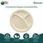 10 Inch Round 3-Compartment Compostable Plates, 100% Sugarcane Bagasse, Eco-Friendly, Microwave Safe, BPA-Free, Leak-Resistant