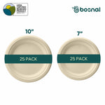Two bagasse plates with '25 Pack' labels on a white background, featuring Bosnal branding.