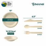 10 Inch Round Plates with 16 Oz Bowls & Cutlery, 100% Plant-Based Sugarcane Bagasse, Compostable, Eco-Friendly, Microwave Safe