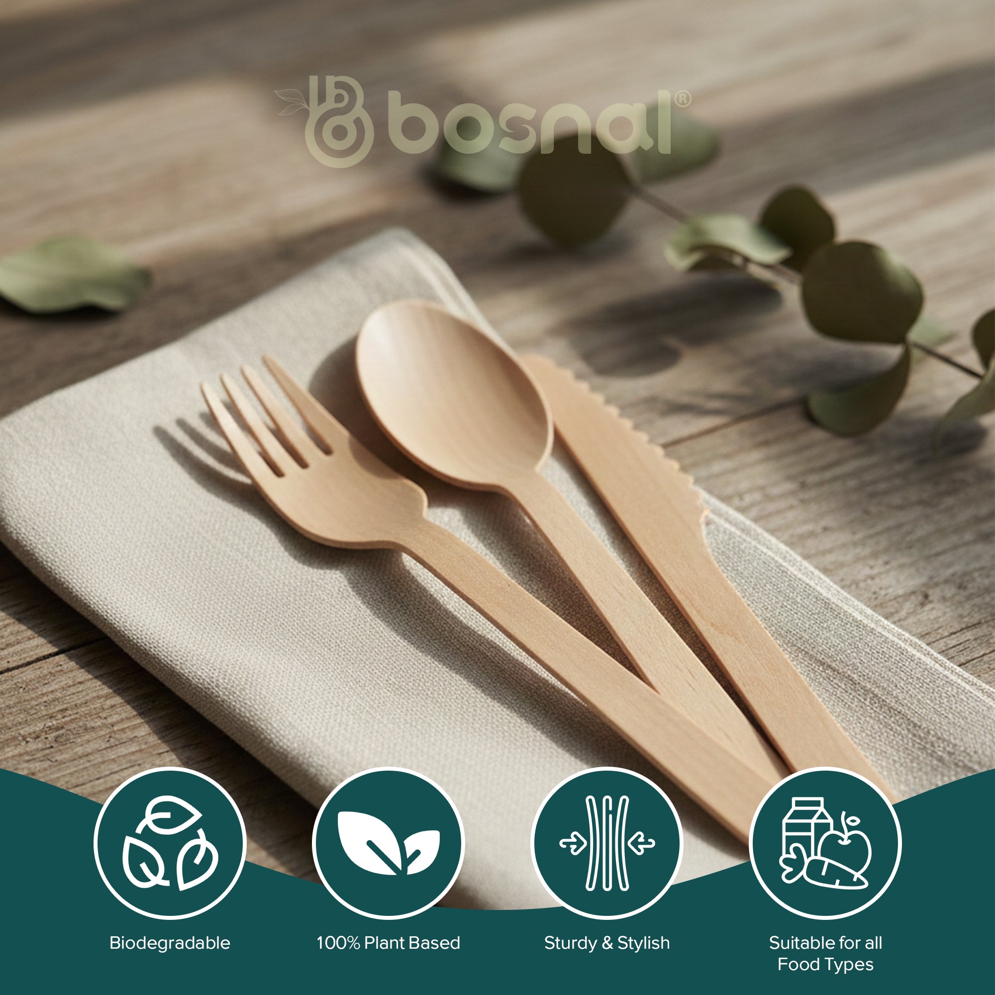 Bosnal Disposable Wooden Cutlery Set - 150 pcs, Smooth Birch Wood Spoons Forks Knives