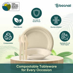 10 Inch Round Plates with 16 Oz Bowls & Cutlery, 100% Plant-Based Sugarcane Bagasse, Compostable, Eco-Friendly, Microwave Safe