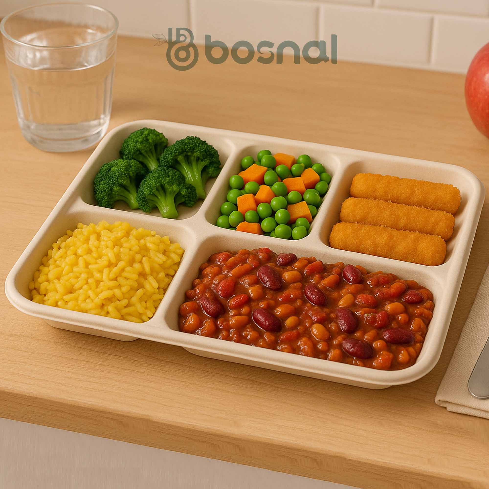 Compostable 5-Compartment Bagasse Meal Trays Bulk 400 Pcs | Bosnal
