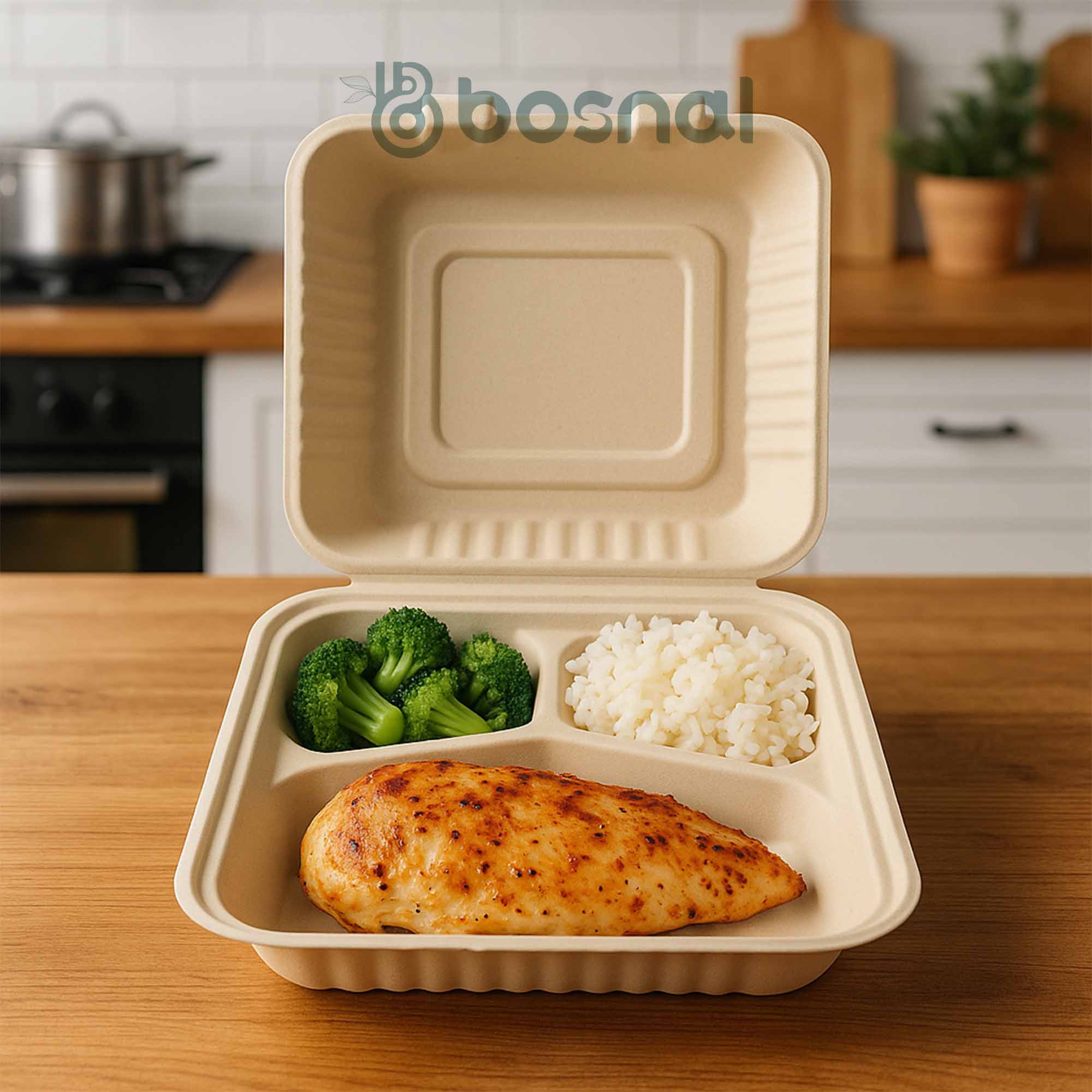 Bosnal - Sugarcane Bagasse Compostable Clamshell Boxes, 9 inch 3-Compartment, Square image 1
