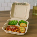 9 Inch 3-Compartment Clamshell Boxes 200 Pcs, 100% Sugarcane Bagasse, Eco-Friendly Takeout Containers, Microwave Safe, BPA-Free