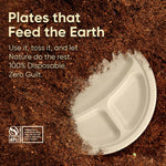 10 Inch Round 3-Compartment Compostable Plates, 100% Sugarcane Bagasse, Eco-Friendly, Microwave Safe, BPA-Free, Leak-Resistant