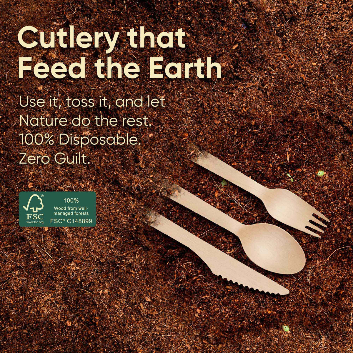 Wooden cutlery set on soil with FSC certification label, promoting eco-friendly disposable cutlery