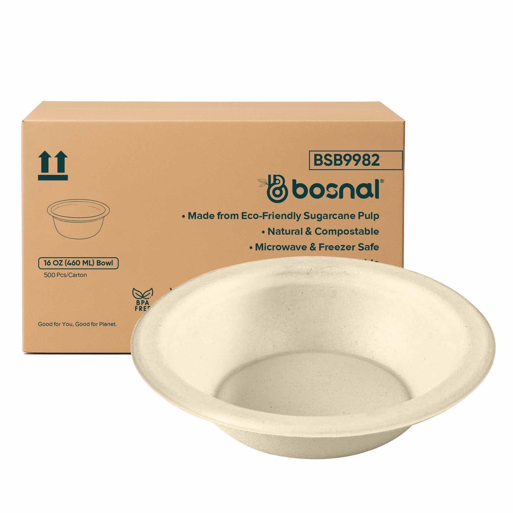 Bosnal 16 OZ Round Bagasse Bowls, Case of 20 (500 Pcs) – Eco-Friendly Wholesale Pack
