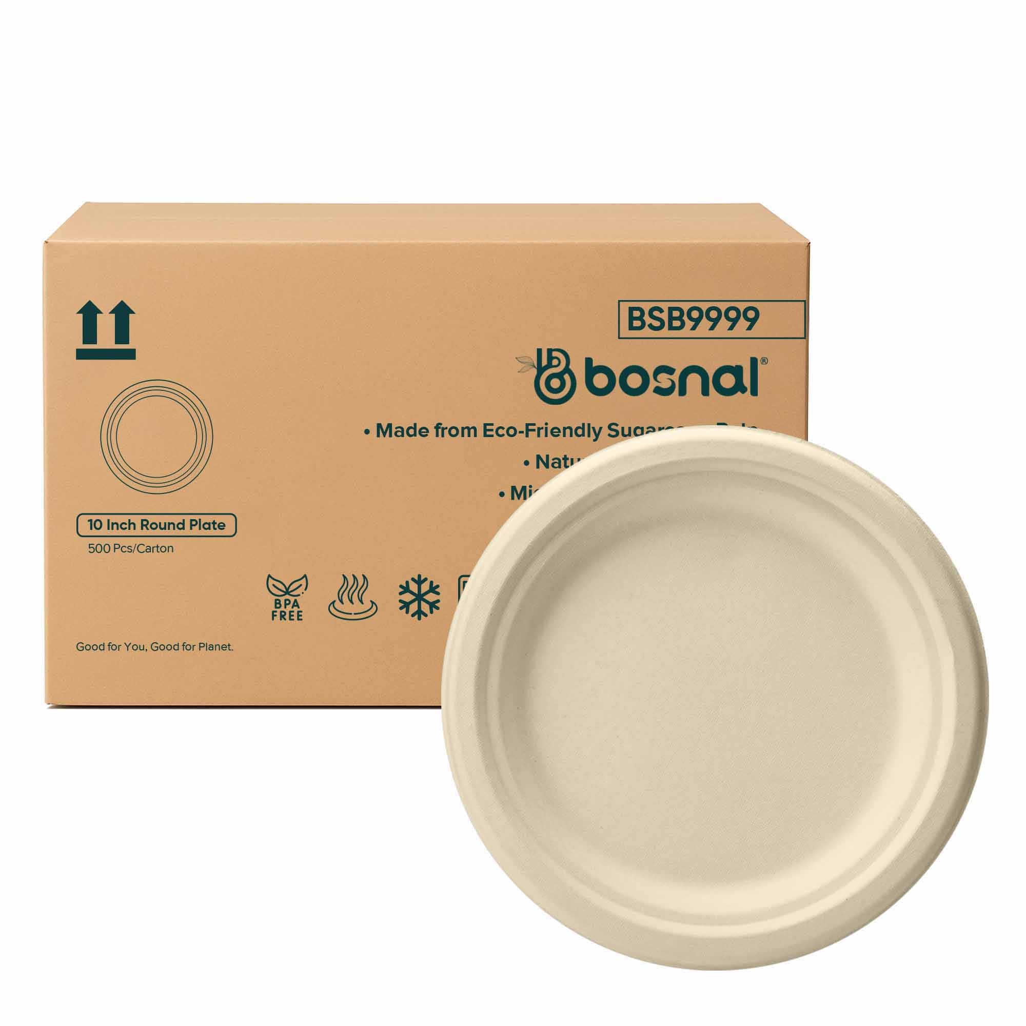 Bosnal 10 inch Round Bagasse Plates, Case of 20 (500 Pcs) – Eco-Friendly Wholesale Pack