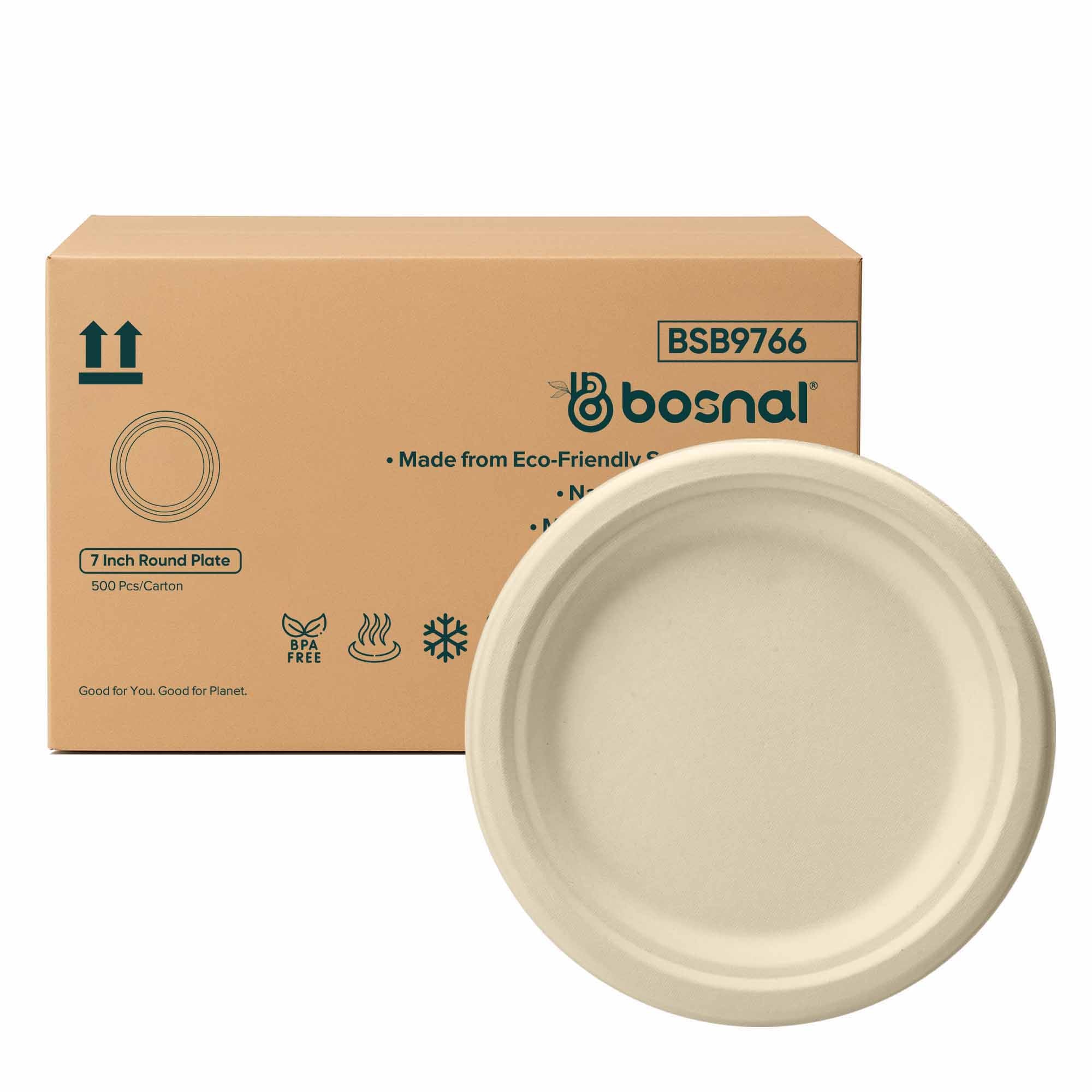 Bosnal 7 inch Round Bagasse Plates, Case of 20 (500 Pcs) – Eco-Friendly Wholesale Pack
