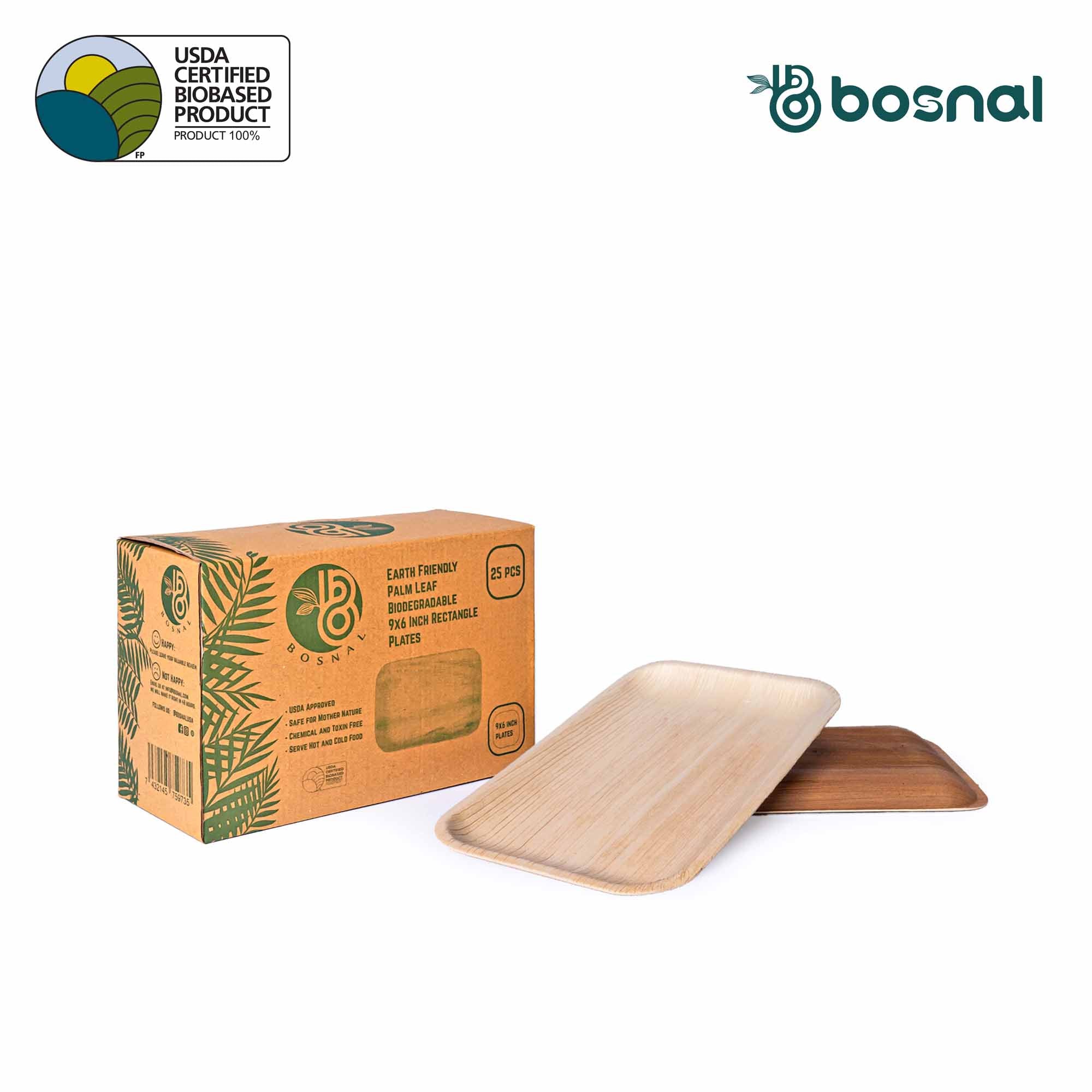 Bosnal - Palm Leaf Biodegradable Plates, 9 x 6 inch Rectangle , 25 Pcs