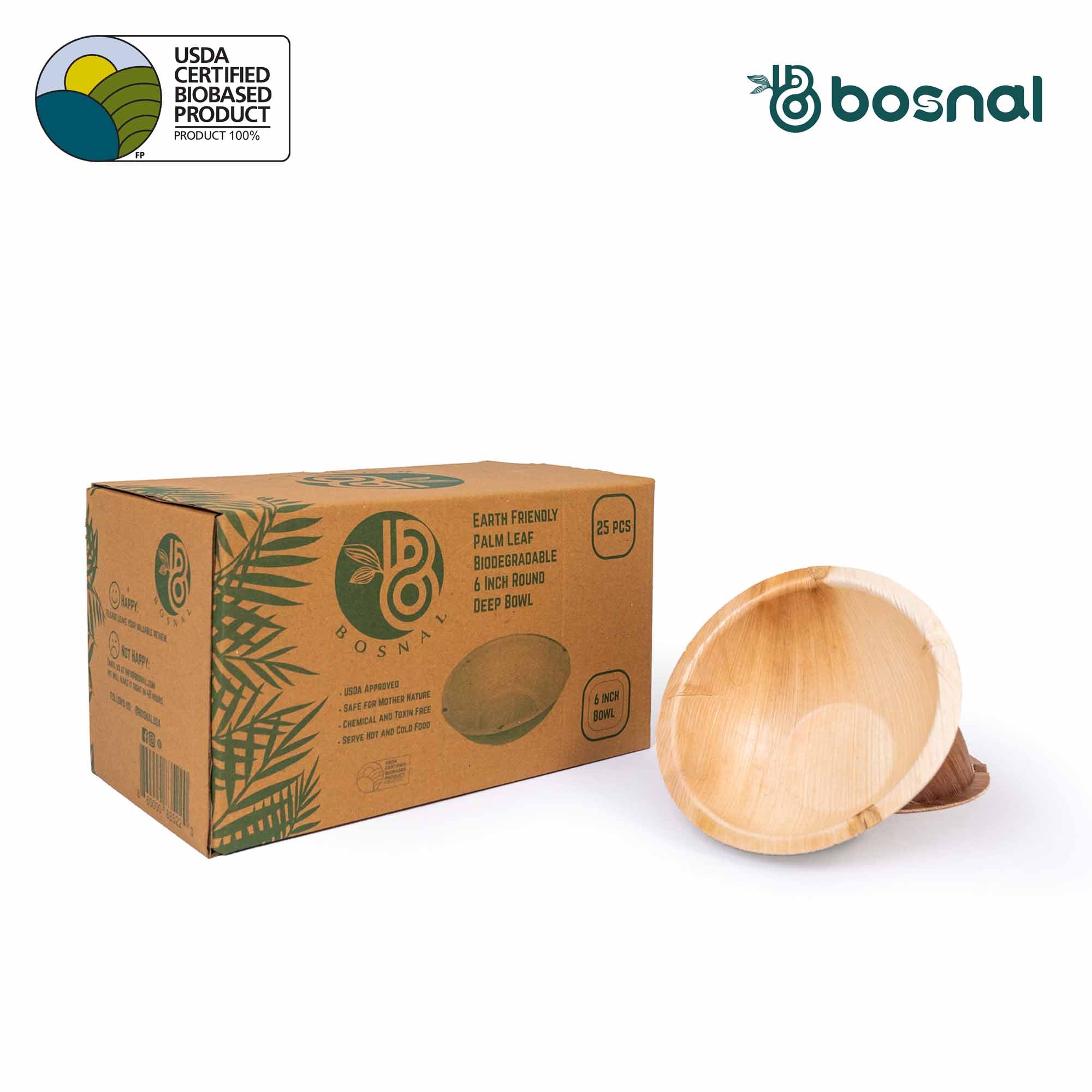 Bosnal - Palm Leaf Biodegradable Plates, 6 inch, Round Bowl, 25 Pcs