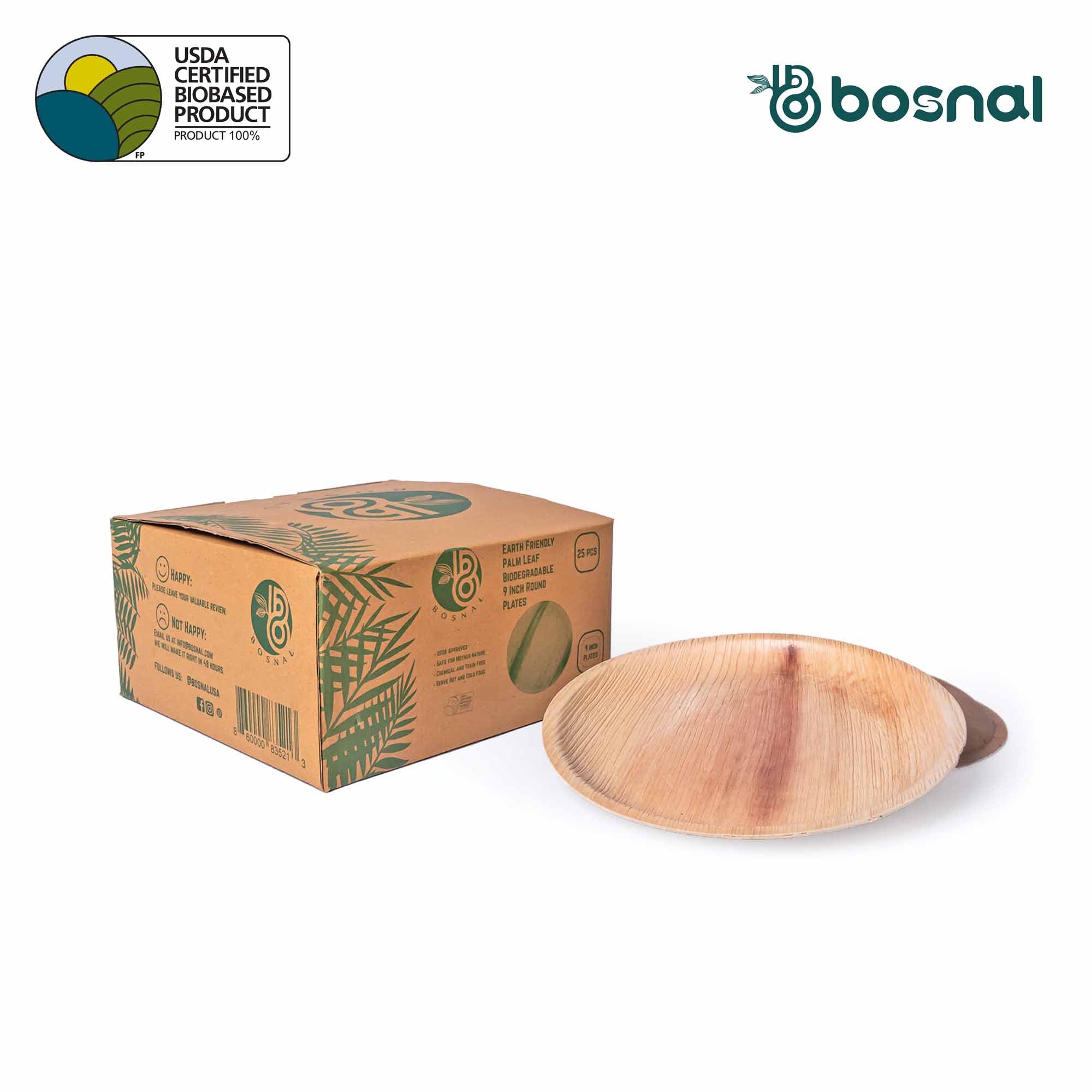 Bosnal - Palm Leaf Biodegradable Plates, 9 inch, Round, 25 Pcs