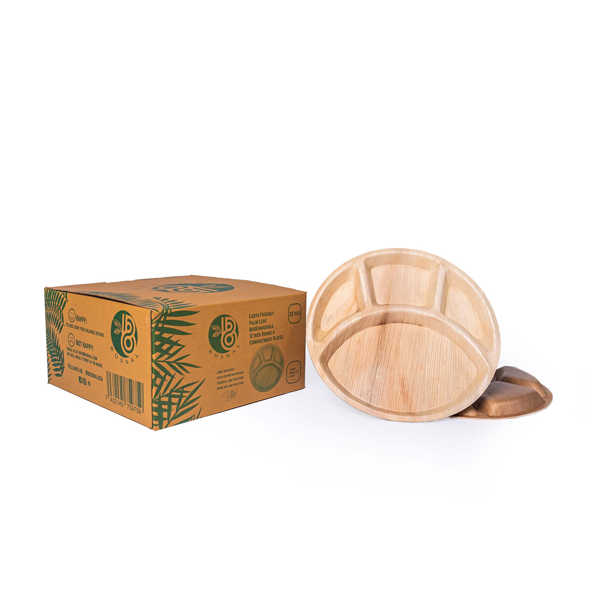 Bosnal - Palm Leaf Biodegradable Plates, 12 inch Round Compartment, 25 pcs.