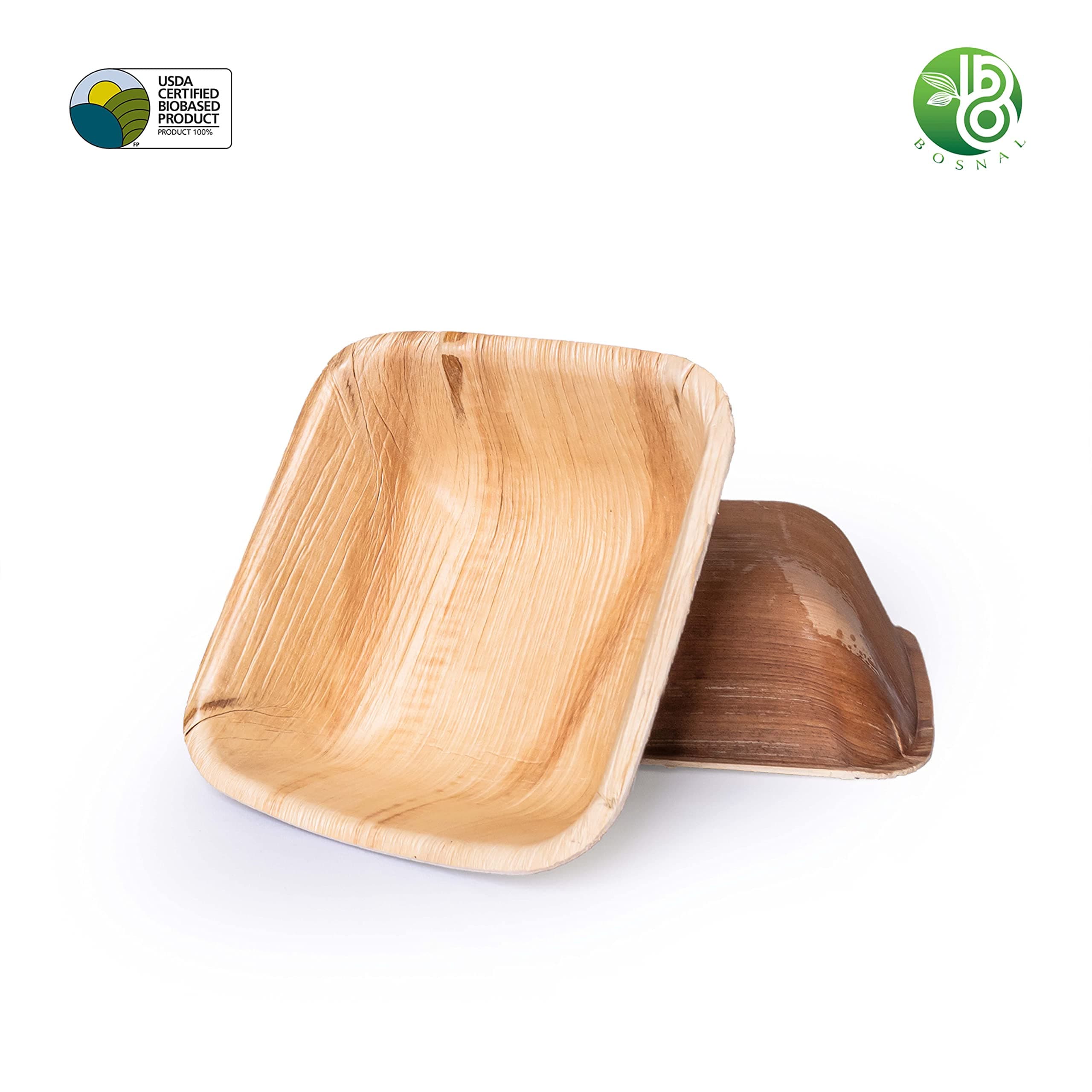 Bosnal 4 inch Square Plates, Compostable Palm Leaf, Bamboo and Wood Style, Stackable, Restaurant Grade, 25 Pcs - 9 Round Plate